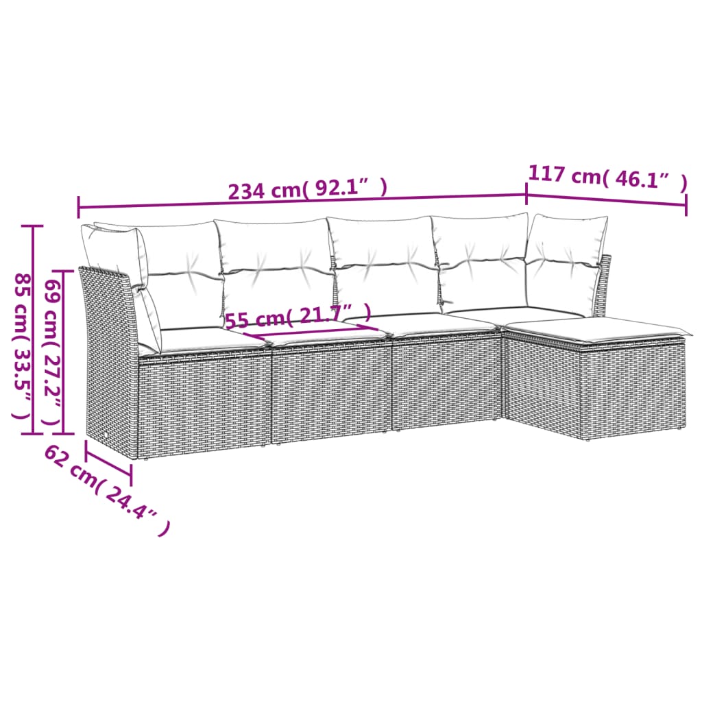 vidaXL 5-delige Loungeset met kussens poly rattan beige afbeelding