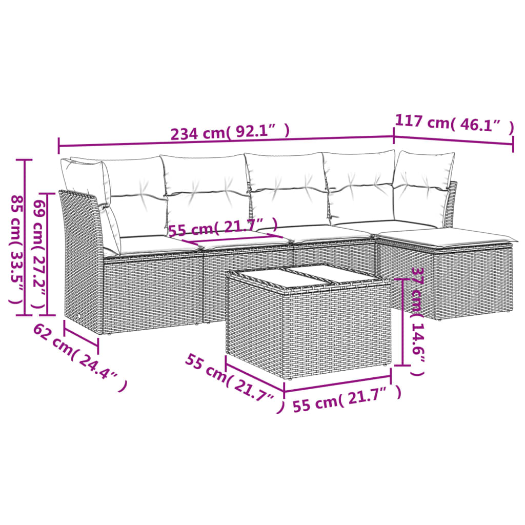 Set mobilier de grădină cu perne, 6 piese, negru, poliratan 3249405 - imagine 3