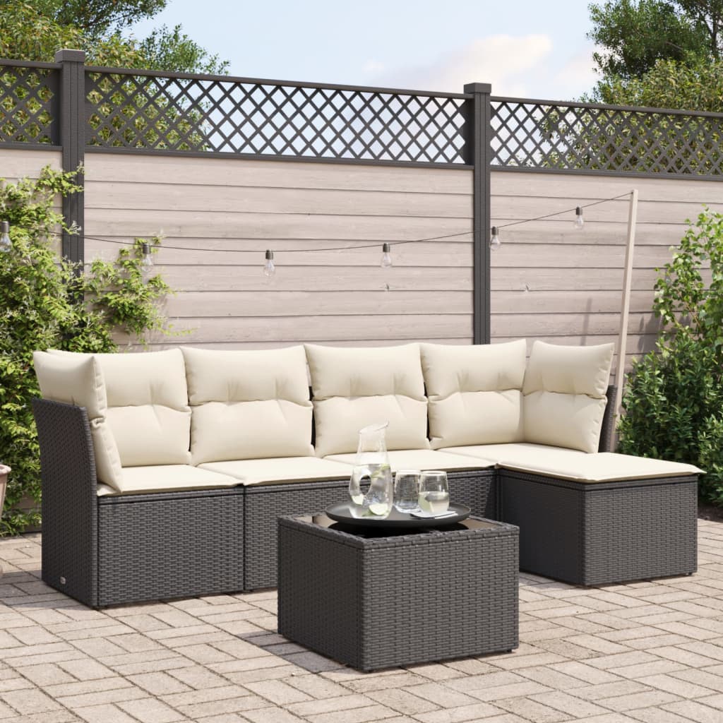 6-tlg. Garten-Sofagarnitur mit Kissen Schwarz Poly Rattan