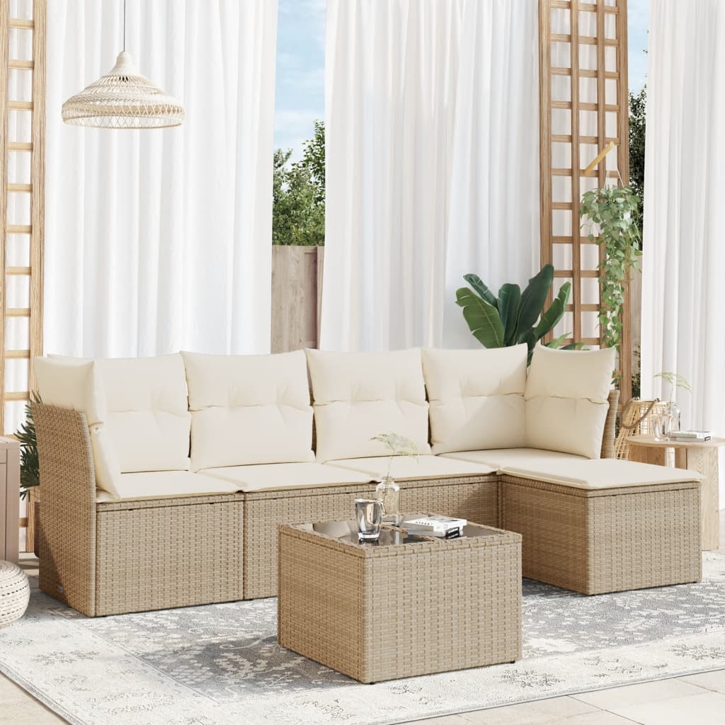 vidaXL 6-tlg. Garten-Sofagarnitur mit Kissen Beige Poly Rattan