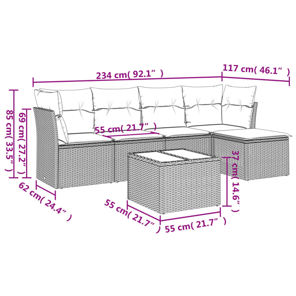 vidaXL 6-delige Loungeset met kussens poly rattan lichtgrijs afbeelding