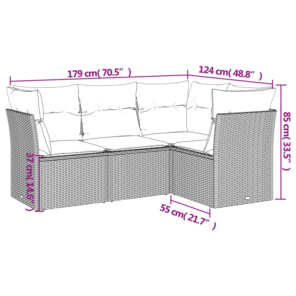vidaXL 4-delige Loungeset met kussens poly rattan zwart afbeelding