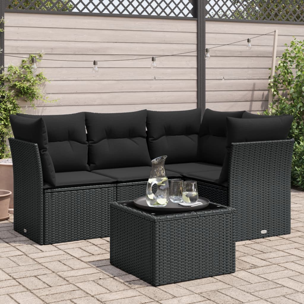 vidaXL 5-tlg. Garten-Sofagarnitur mit Kissen Schwarz Poly Rattan