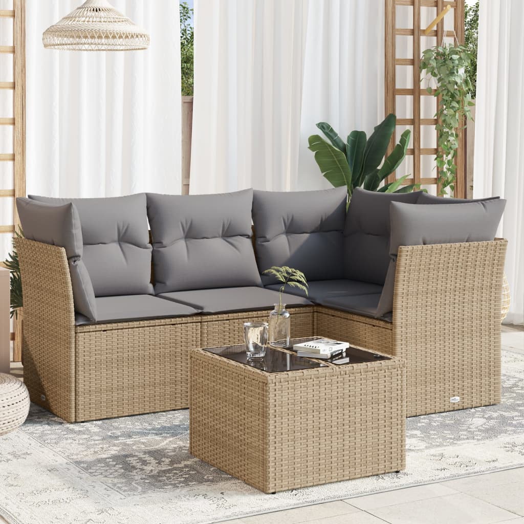 vidaXL 5-tlg. Garten-Sofagarnitur mit Kissen Beige Poly Rattan