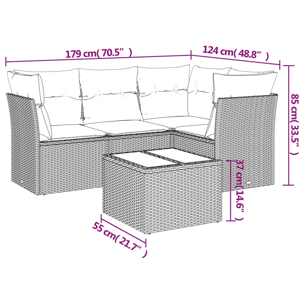 vidaXL 5-delige Loungeset met kussens poly rattan bruin