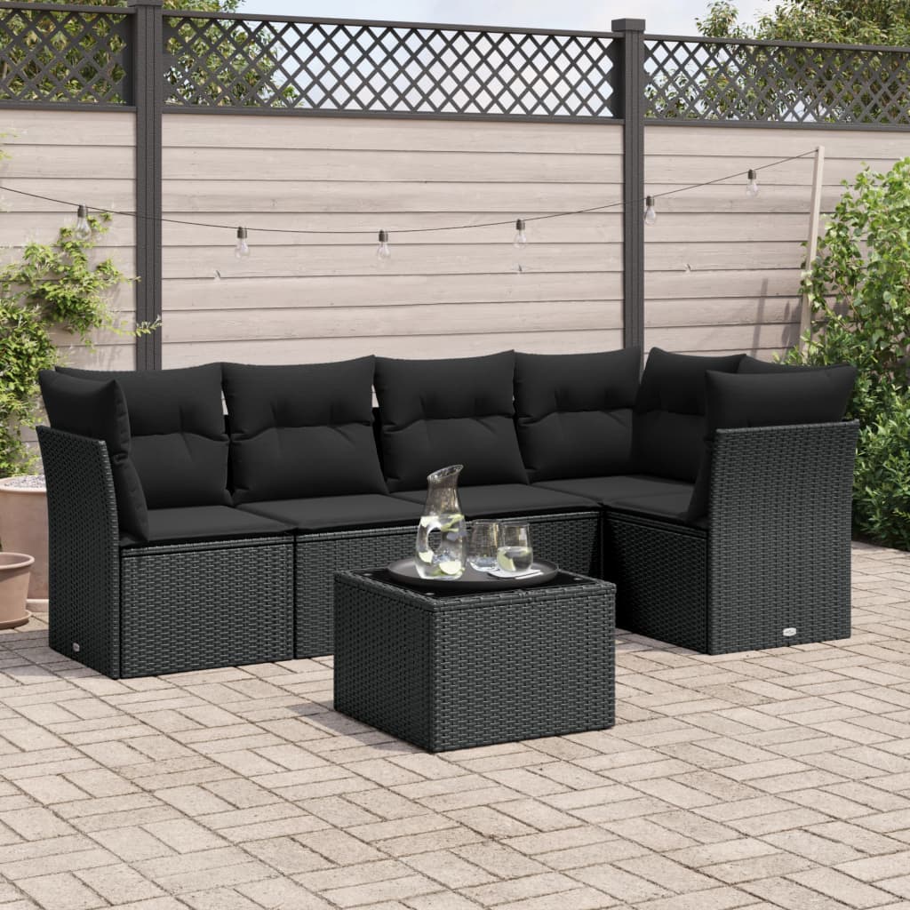 vidaXL 6-tlg. Garten-Sofagarnitur mit Kissen Schwarz Poly Rattan