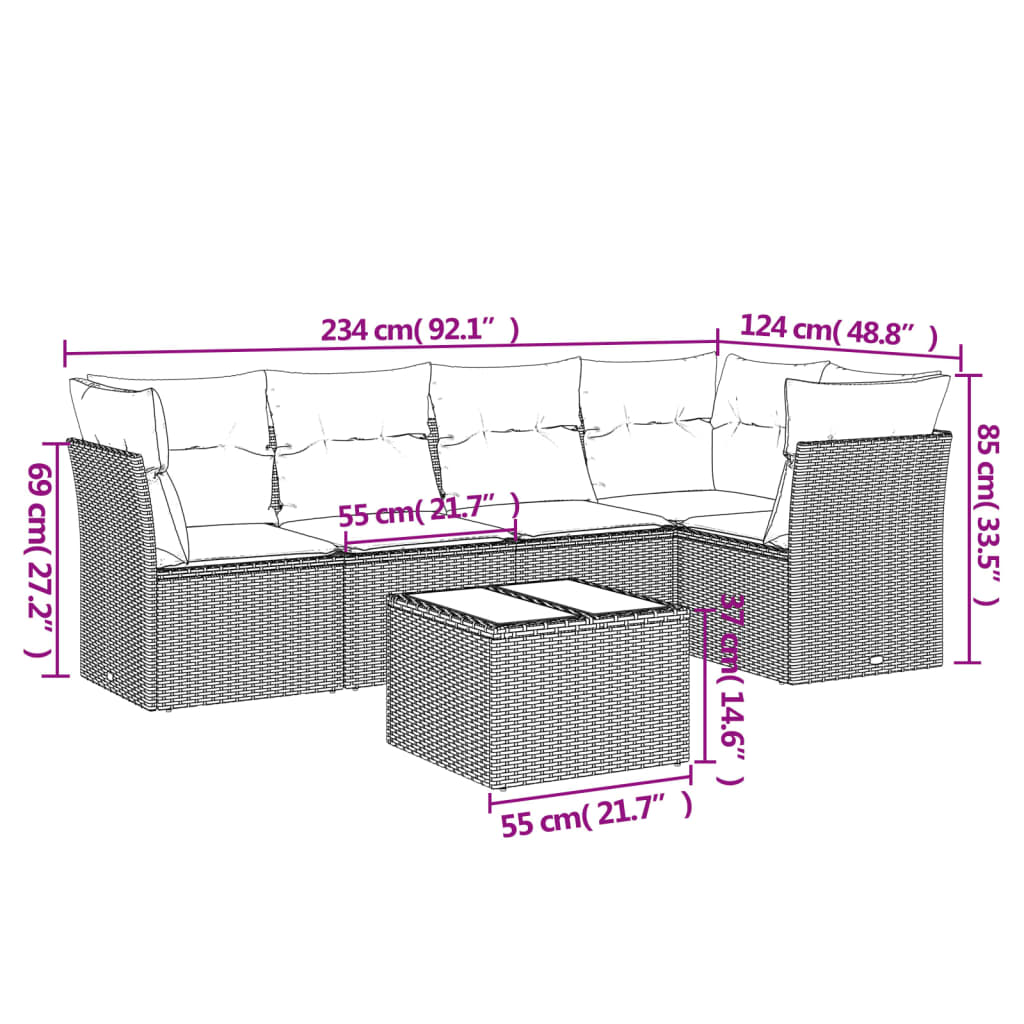 vidaXL 6-delige Loungeset met kussens poly rattan bruin