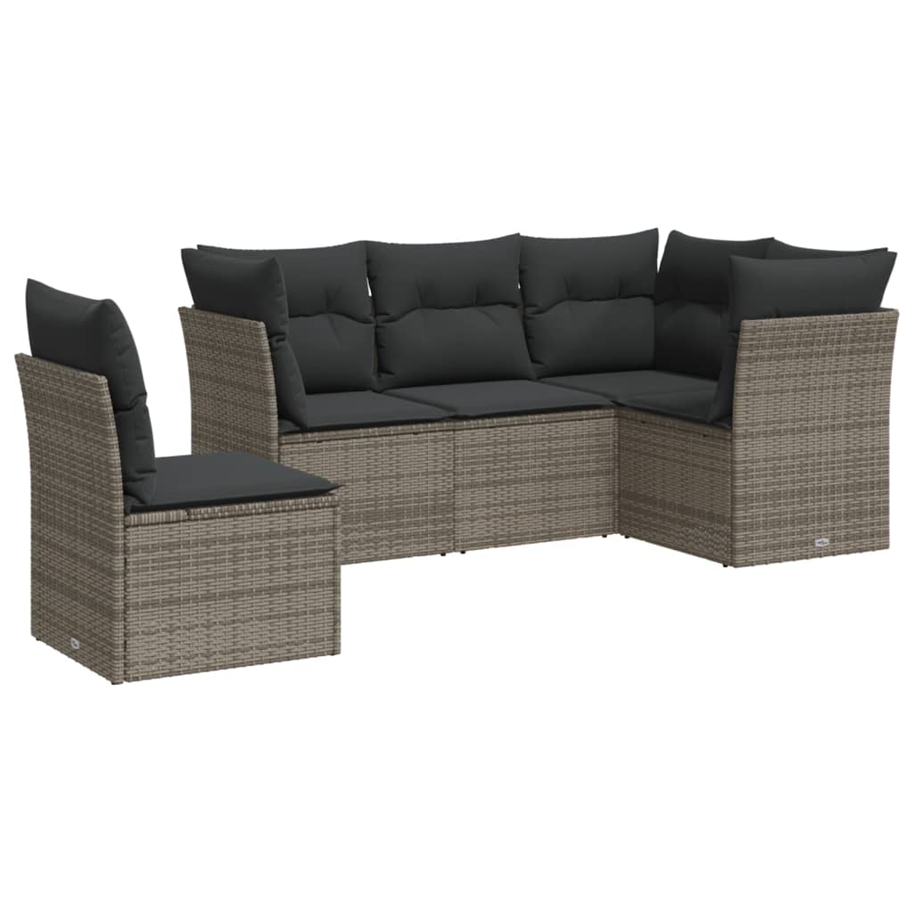 5 Piece Garden Sofa Set with Cushions Grey Poly Rattan 3249479