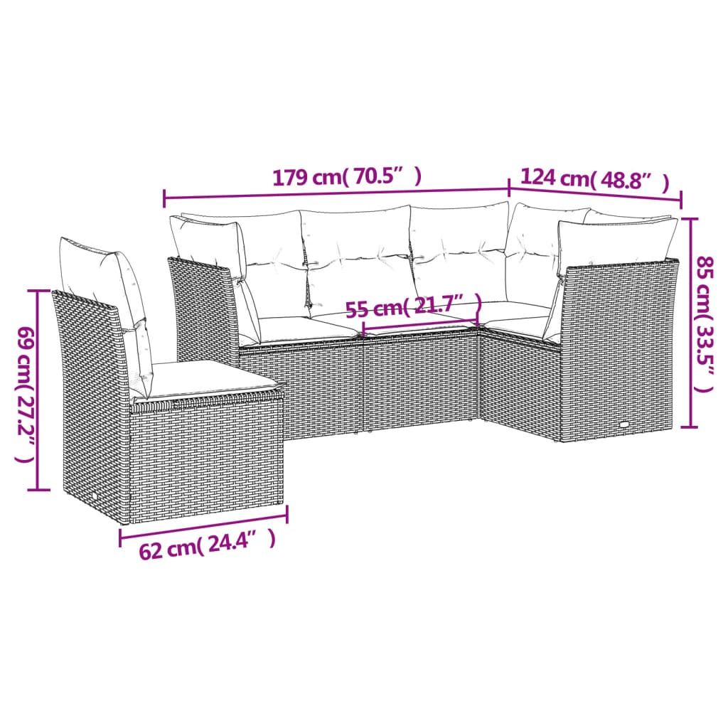 Set canapea de grădină cu perne, 5 piese, gri, poliratan 3249479 - imagine 3