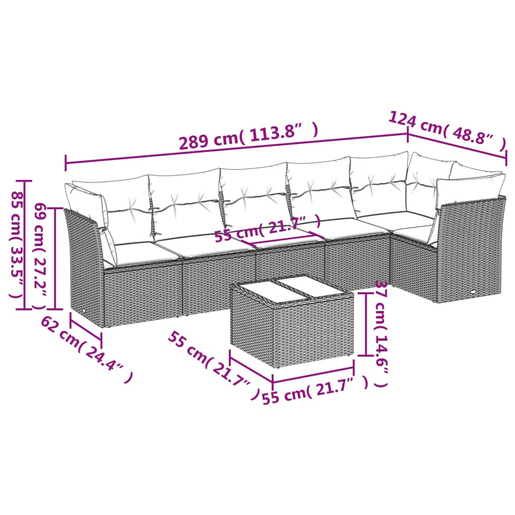 vidaXL 7-delige Loungeset met kussens poly rattan beige