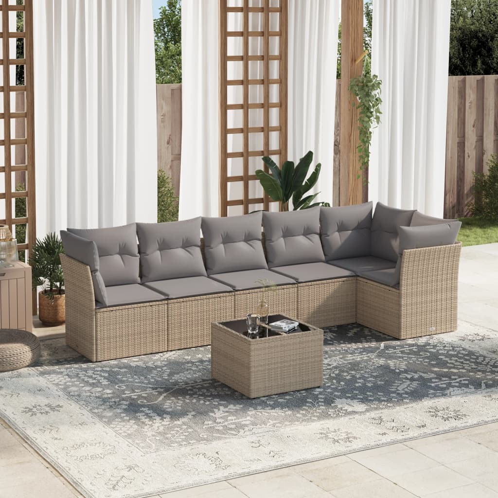 vidaXL 7-tlg. Garten-Sofagarnitur mit Kissen Beige Poly Rattan