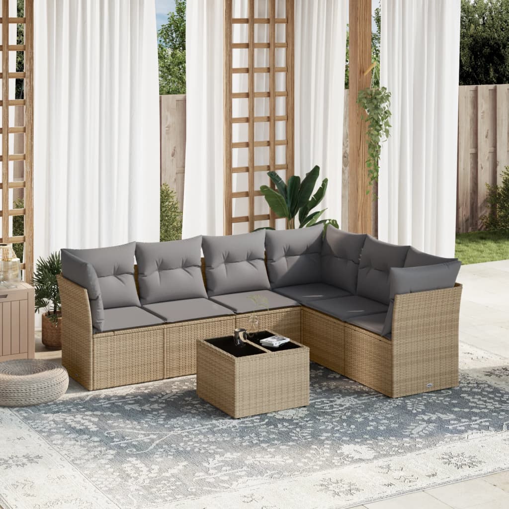 vidaXL 7-tlg. Garten-Sofagarnitur mit Kissen Beige Poly Rattan