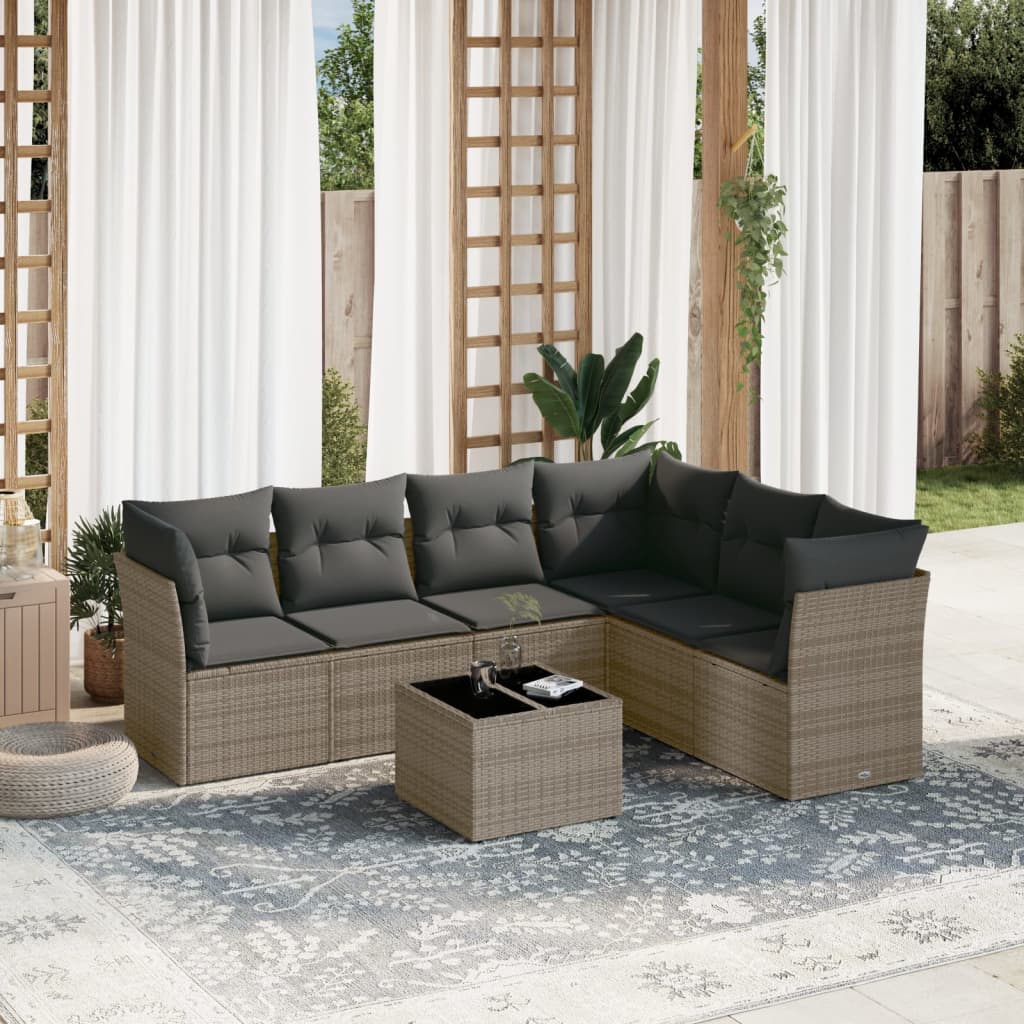 vidaXL 7-tlg. Garten-Sofagarnitur mit Kissen Grau Poly Rattan