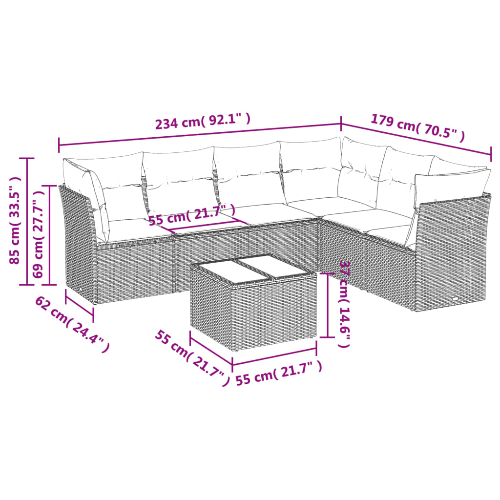 vidaXL 7-delige Loungeset met kussens poly rattan bruin