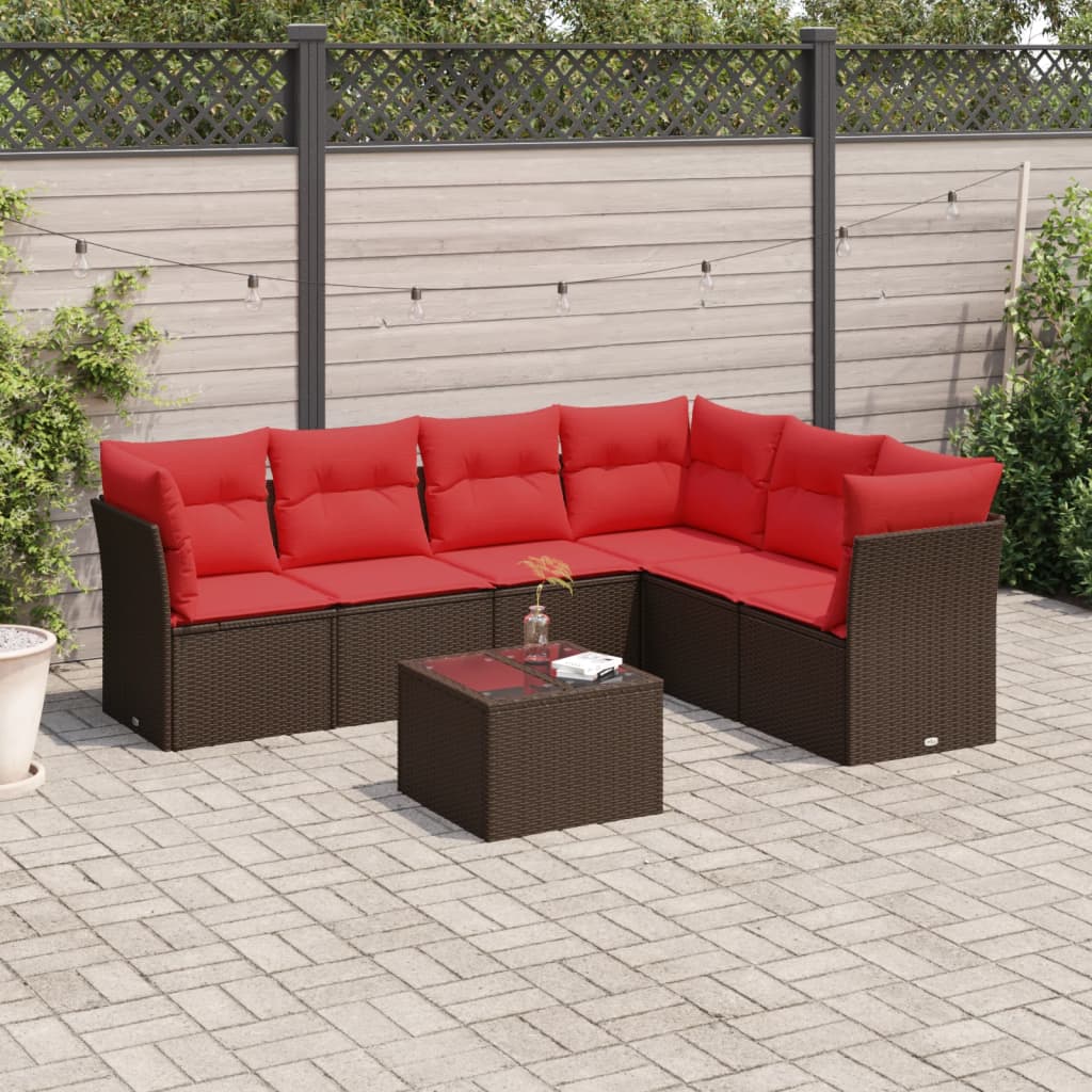 7 Piece Patio Sofa Set with Cushions Brown Poly Rattan