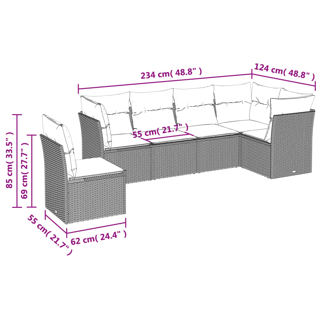 vidaXL 6-delige Loungeset met kussens poly rattan zwart afbeelding