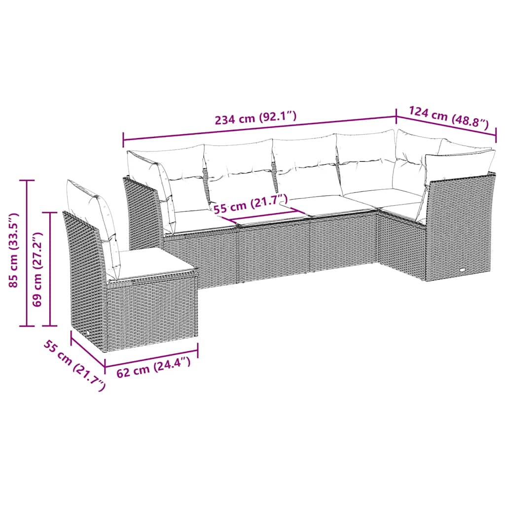 vidaXL 6-delige Loungeset met kussens poly rattan zwart afbeelding