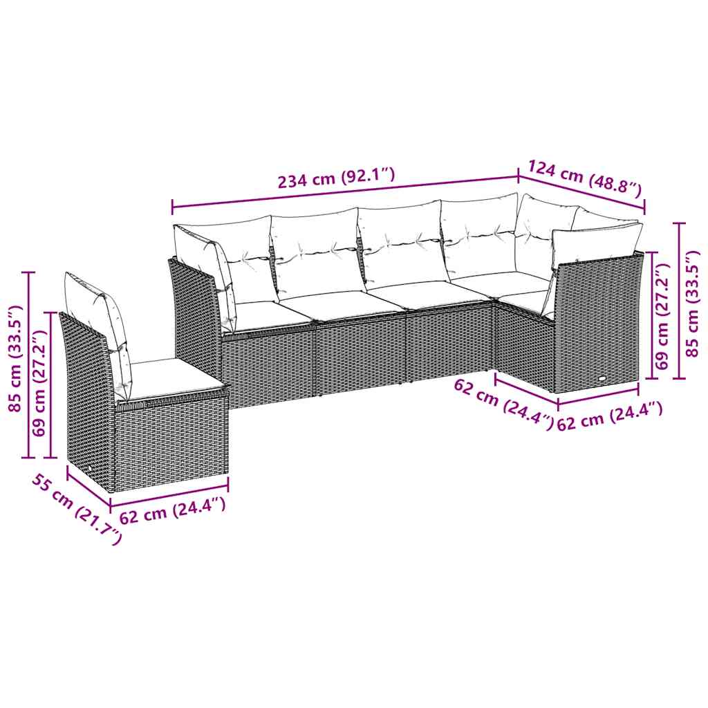 vidaXL 6-delige Loungeset met kussens poly rattan lichtgrijs afbeelding