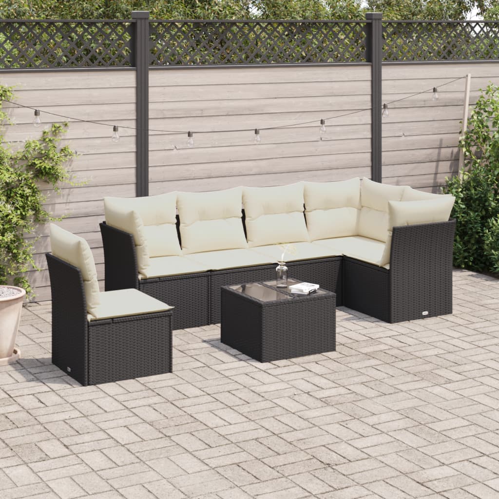 vidaXL 7-tlg. Garten-Sofagarnitur mit Kissen Schwarz Poly Rattan