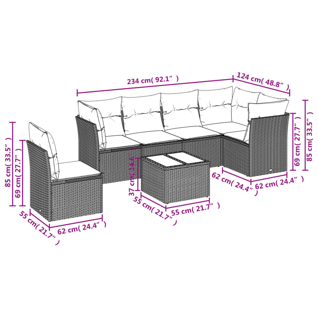 vidaXL 7-delige Loungeset met kussens poly rattan beige