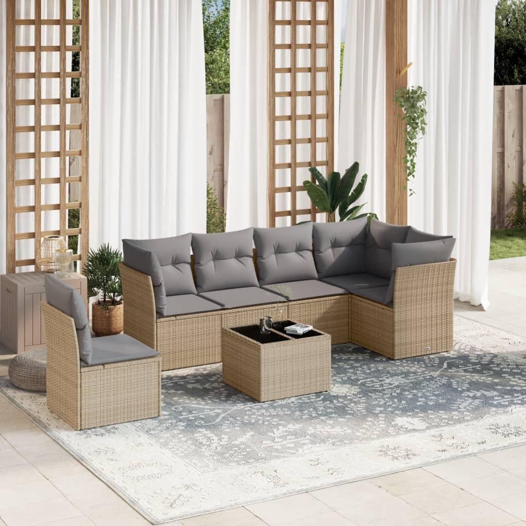 vidaXL 7-tlg. Garten-Sofagarnitur mit Kissen Beige Poly Rattan