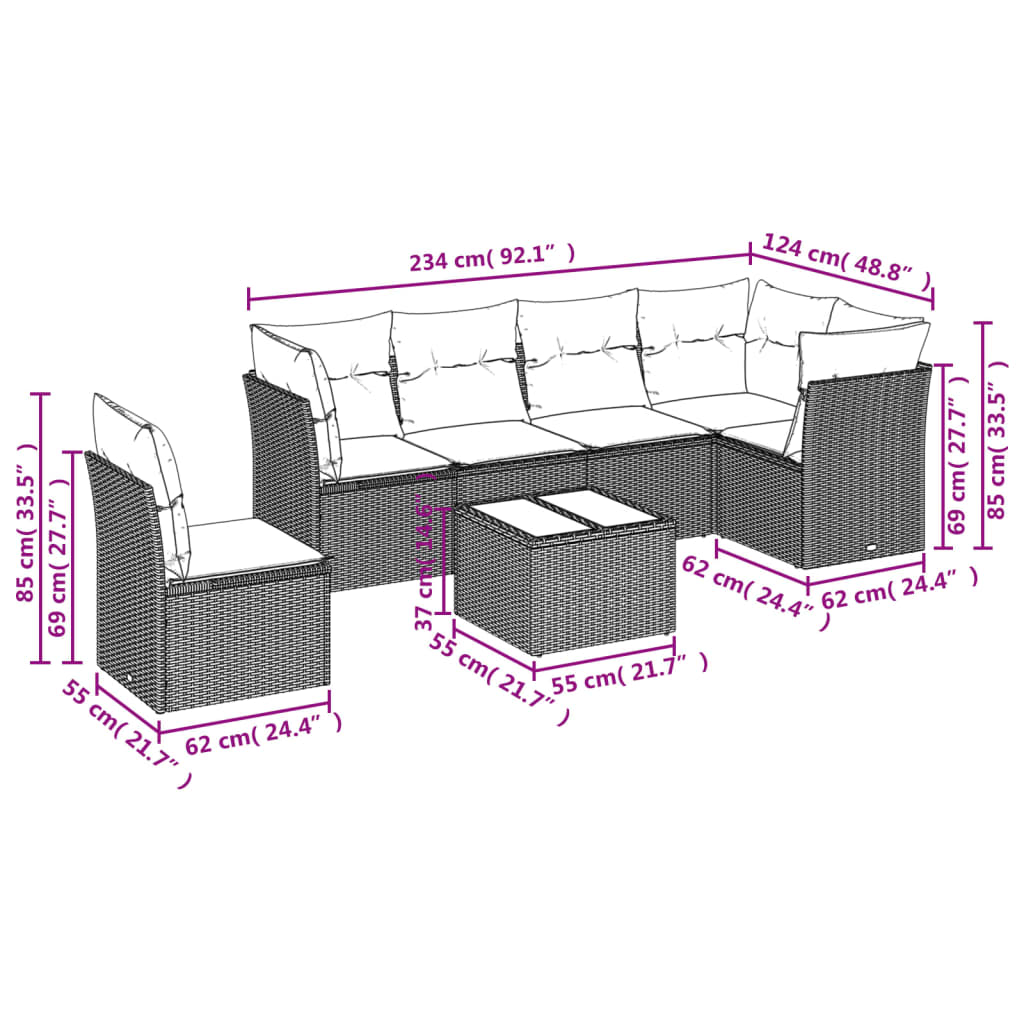 vidaXL 7-delige Loungeset met kussens poly rattan grijs