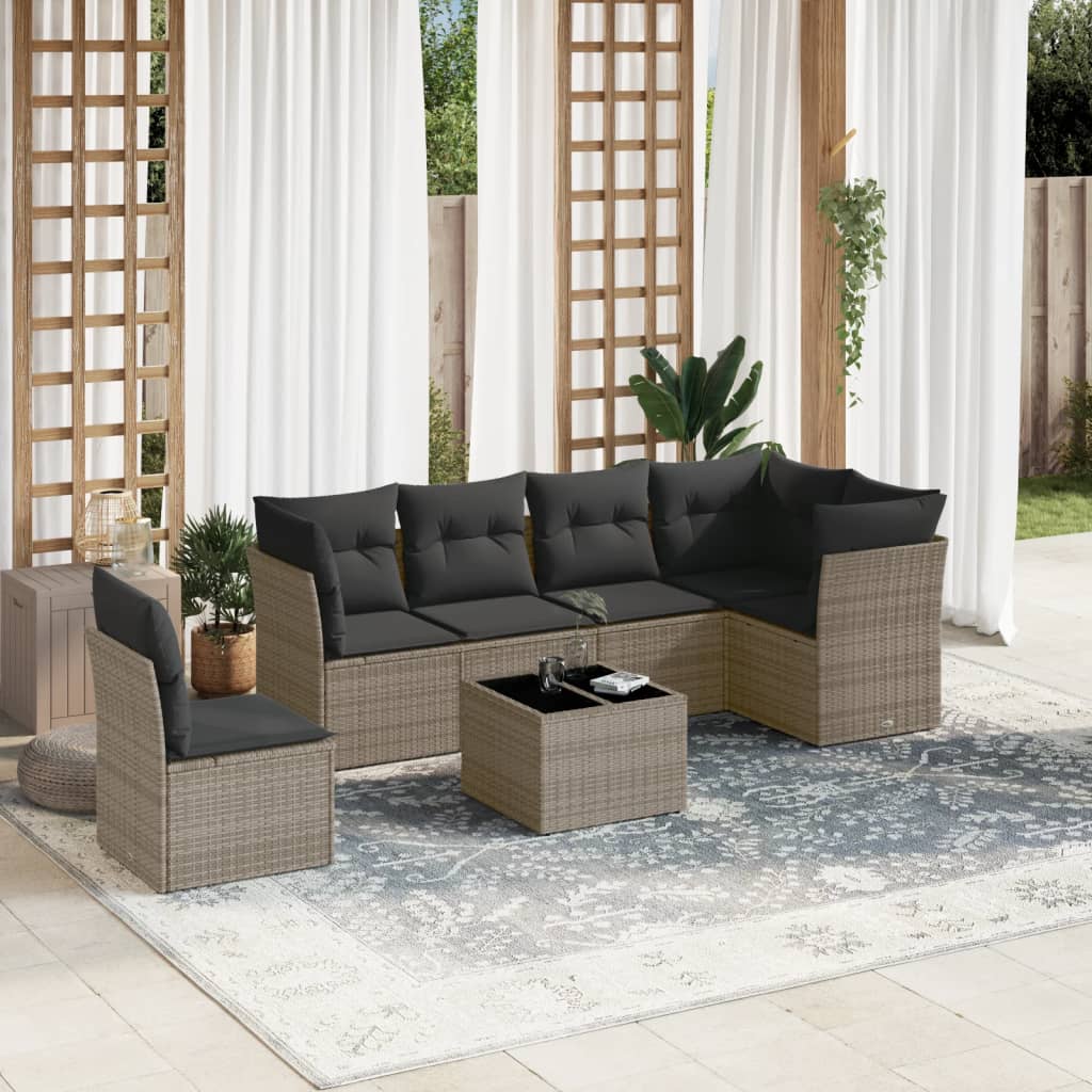 vidaXL 7-tlg. Garten-Sofagarnitur mit Kissen Grau Poly Rattan