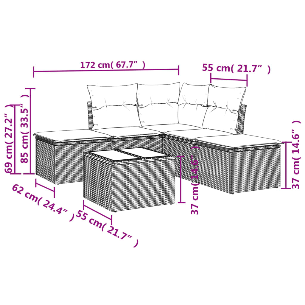 vidaXL 6-delige Loungeset met kussens poly rattan zwart afbeelding