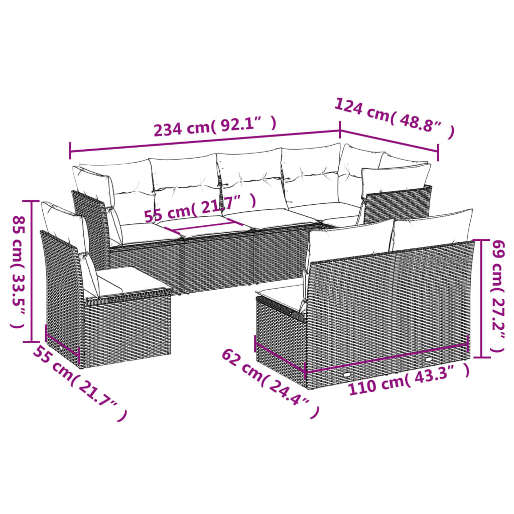 vidaXL 8-delige Loungeset met kussens poly rattan bruin afbeelding