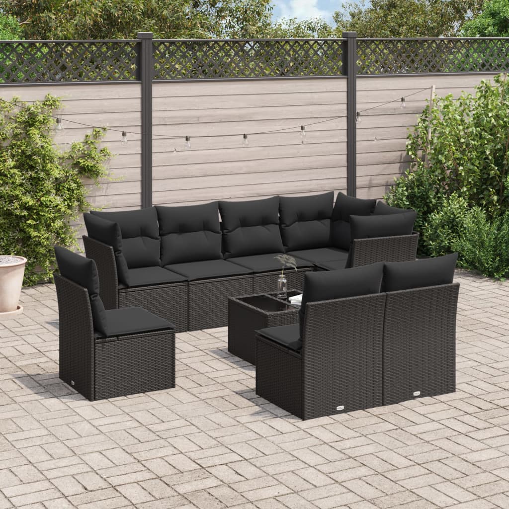 9-tlg. Garten-Sofagarnitur mit Kissen Schwarz Poly Rattan