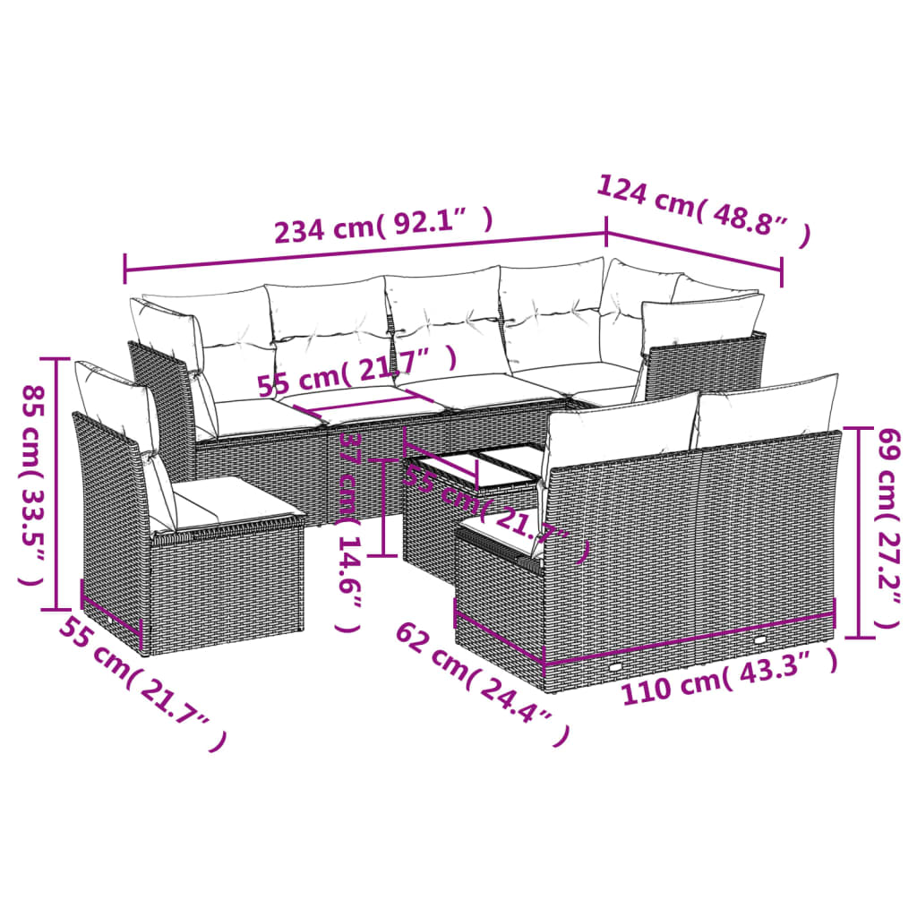 vidaXL 9-delige Loungeset met kussens poly rattan bruin