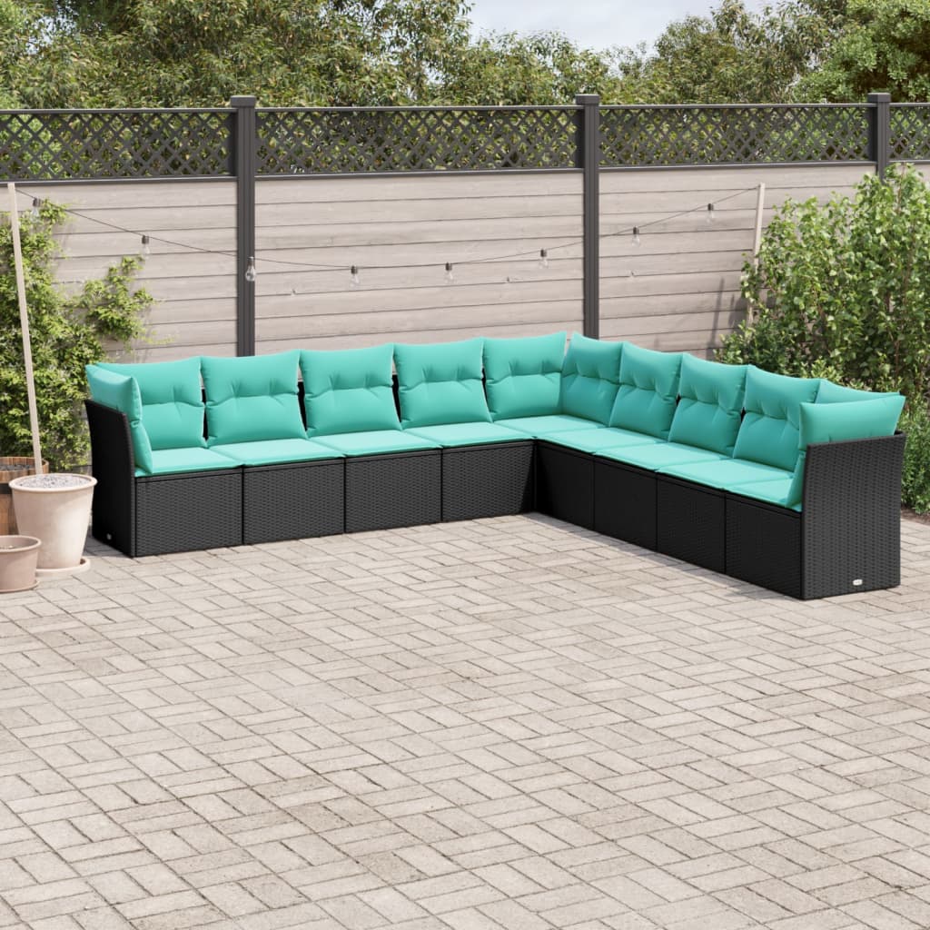vidaXL 9-tlg. Garten-Sofagarnitur mit Kissen Schwarz Poly Rattan