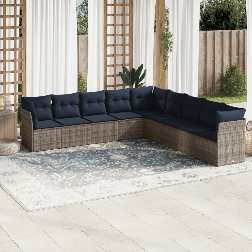 9 pcs conjunto sofás p/ jardim c/ almofadões vime PE cinzento