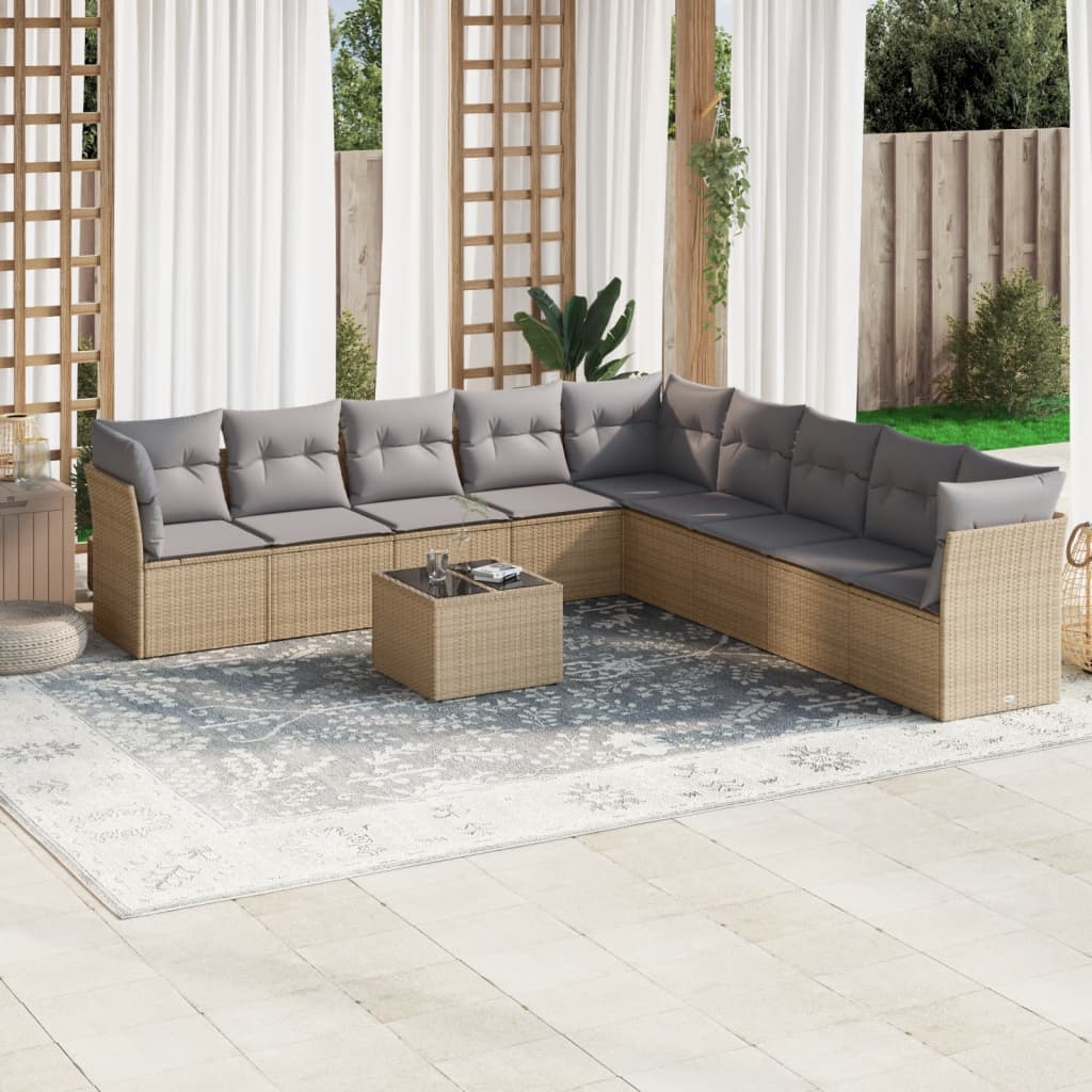 vidaXL 10-tlg. Garten-Sofagarnitur mit Kissen Beige Poly Rattan