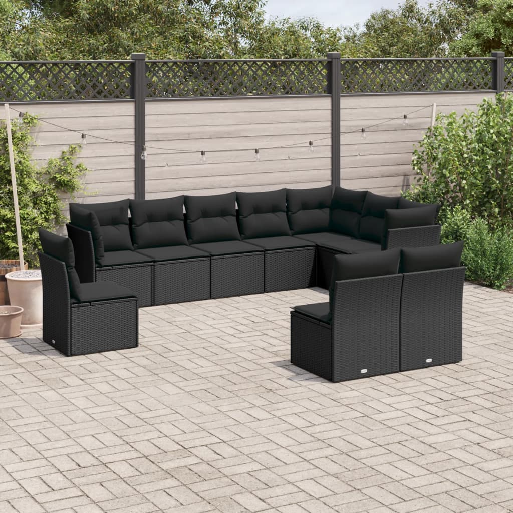 vidaXL 10-tlg. Garten-Sofagarnitur mit Kissen Schwarz Poly Rattan