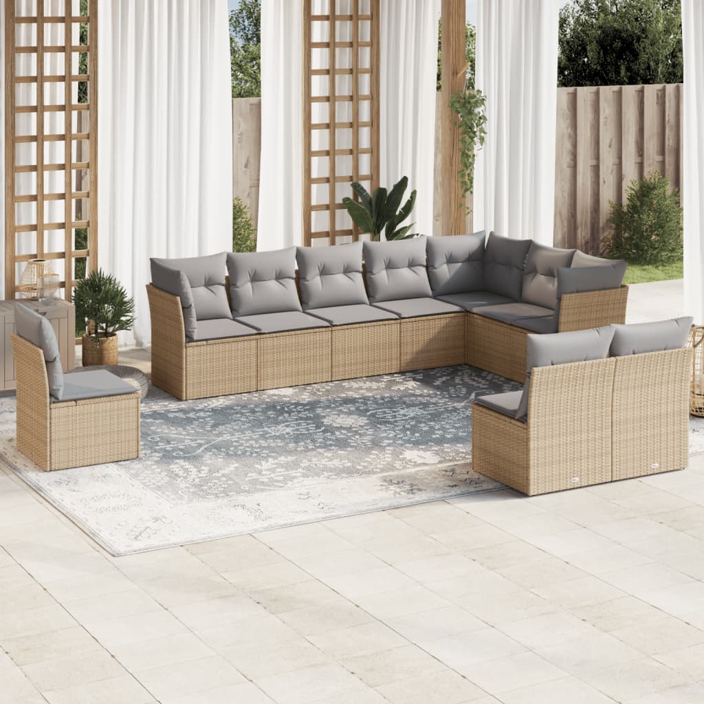 vidaXL 10-tlg. Garten-Sofagarnitur mit Kissen Beige Poly Rattan