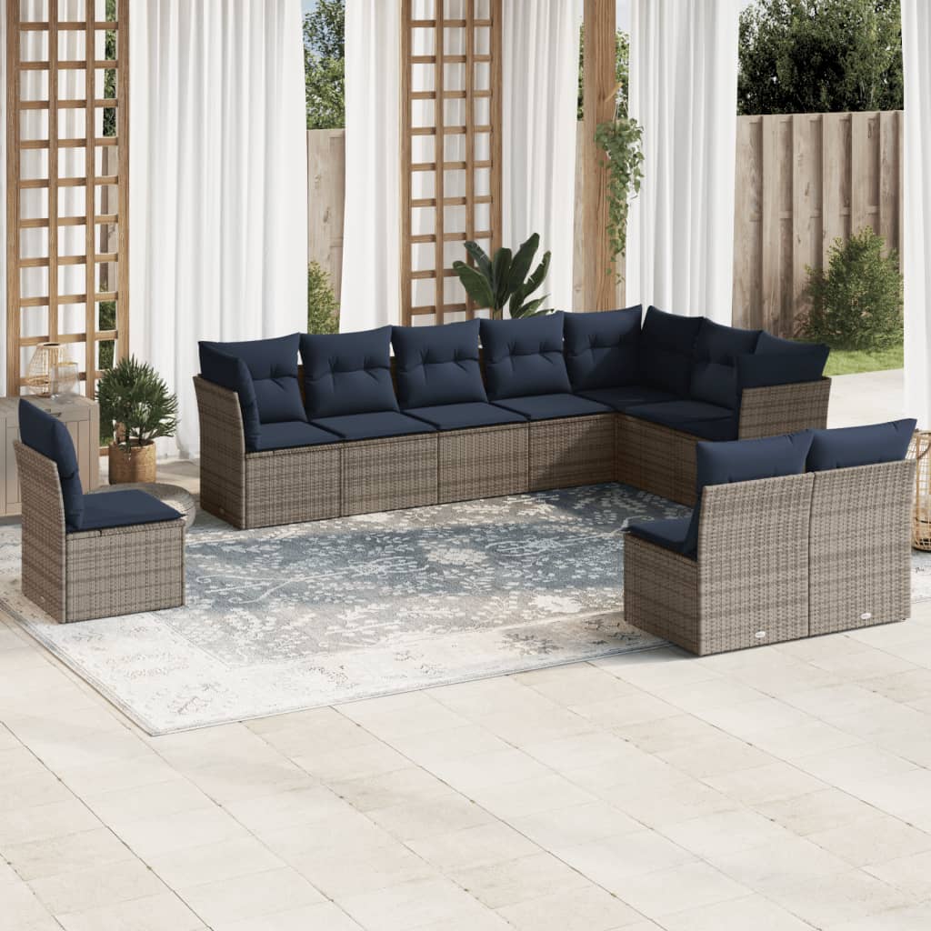 10 pcs conjunto sofás p/ jardim c/ almofadões vime PE cinzento