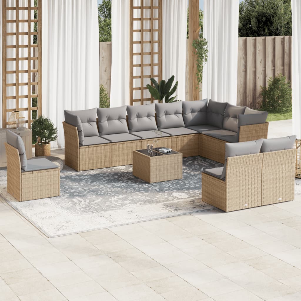 11-tlg. Garten-Sofagarnitur mit Kissen Beige Poly Rattan