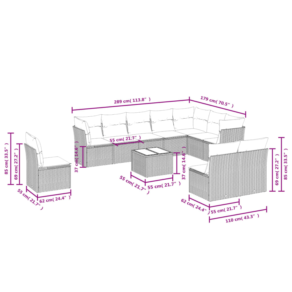 vidaXL 11-delige Loungeset met kussens poly rattan bruin