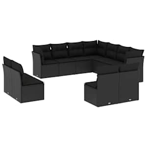vidaXL 11-osaline aiadiivani komplekt patjadega, must, pol&uuml;rotang