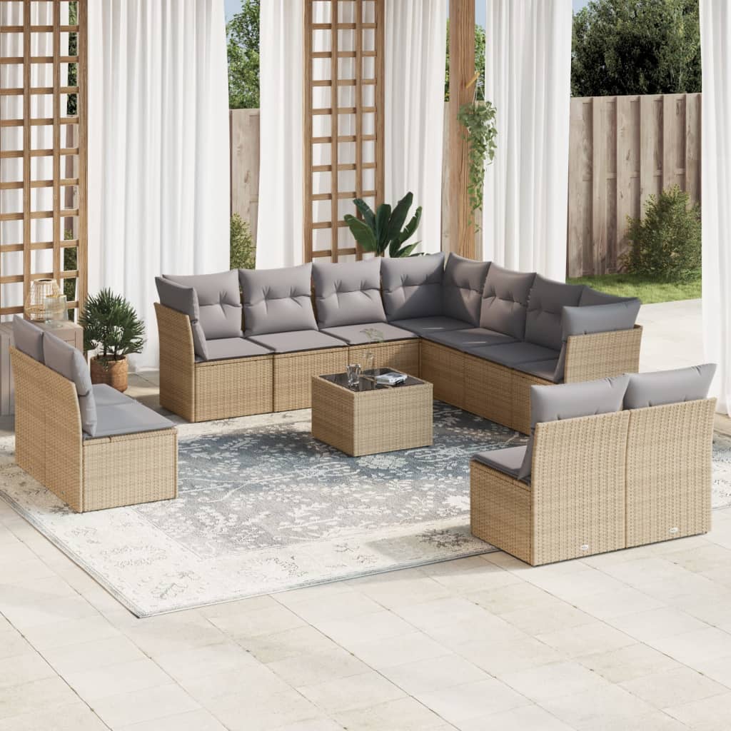 12-tlg. Garten-Sofagarnitur mit Kissen Beige Poly Rattan