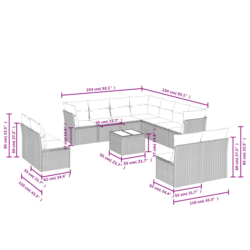 vidaXL 12-delige Loungeset met kussens poly rattan bruin