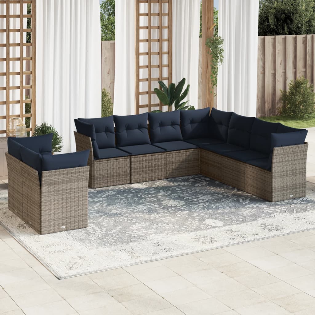 9 pcs conjunto sofás p/ jardim c/ almofadões vime PE cinzento