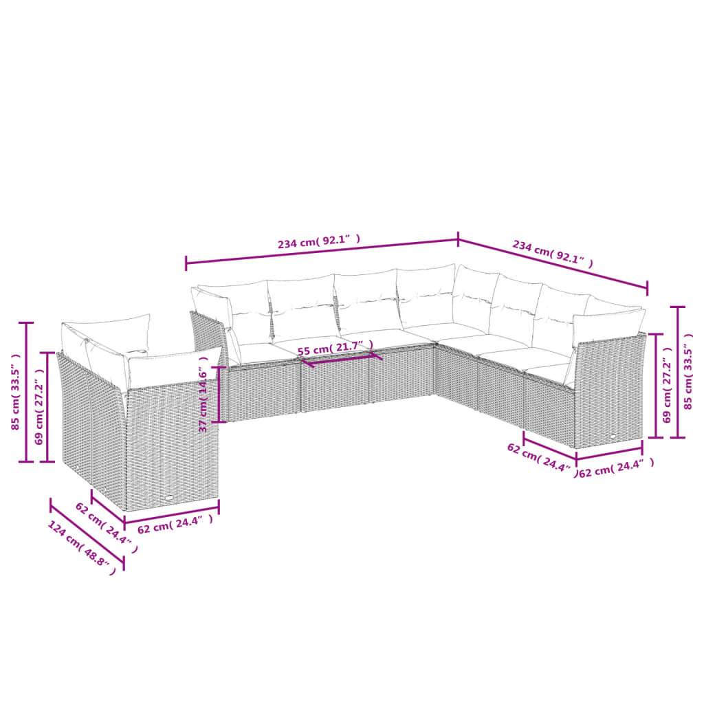 vidaXL 9-delige Loungeset met kussens poly rattan lichtgrijs afbeelding
