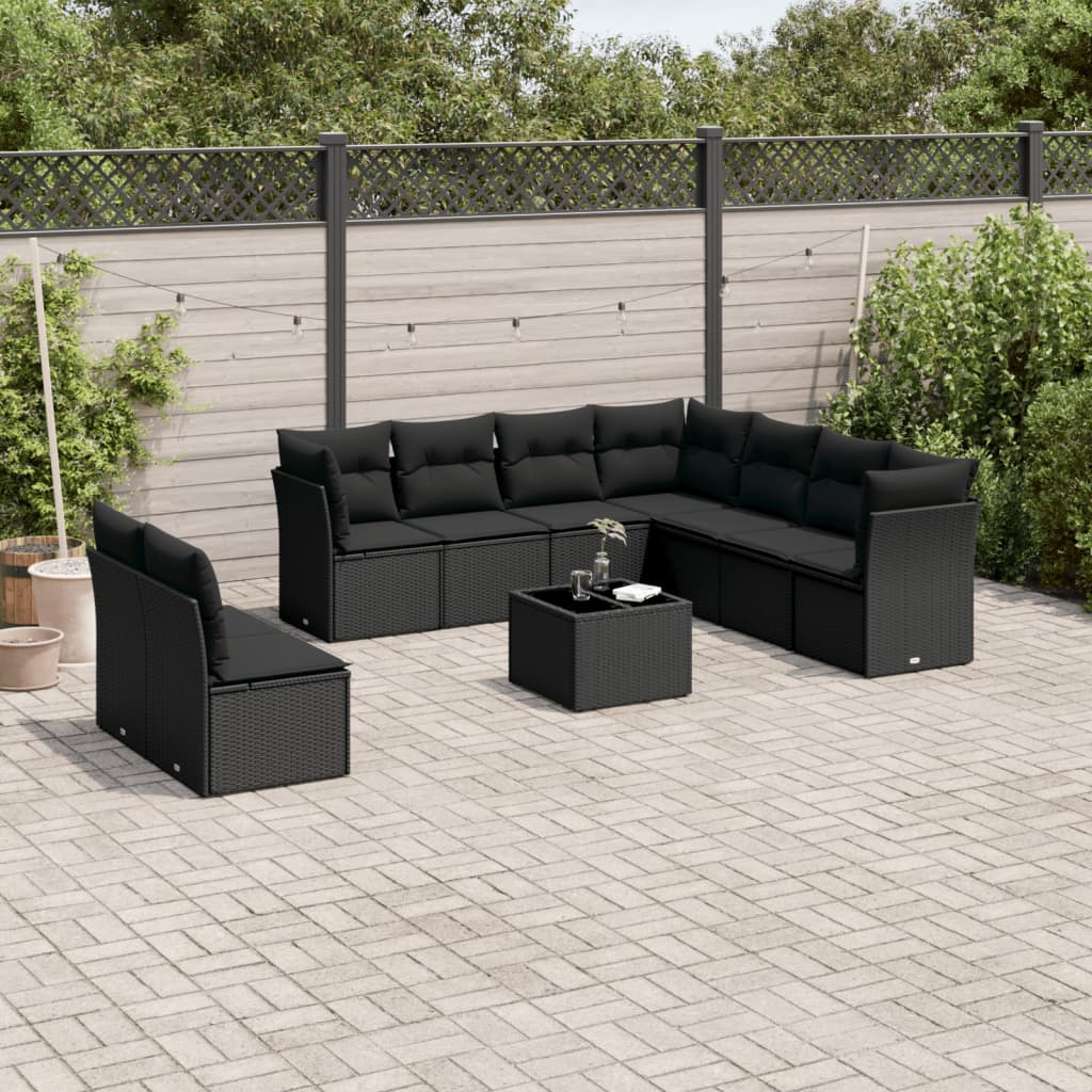 vidaXL 10-tlg. Garten-Sofagarnitur mit Kissen Schwarz Poly Rattan