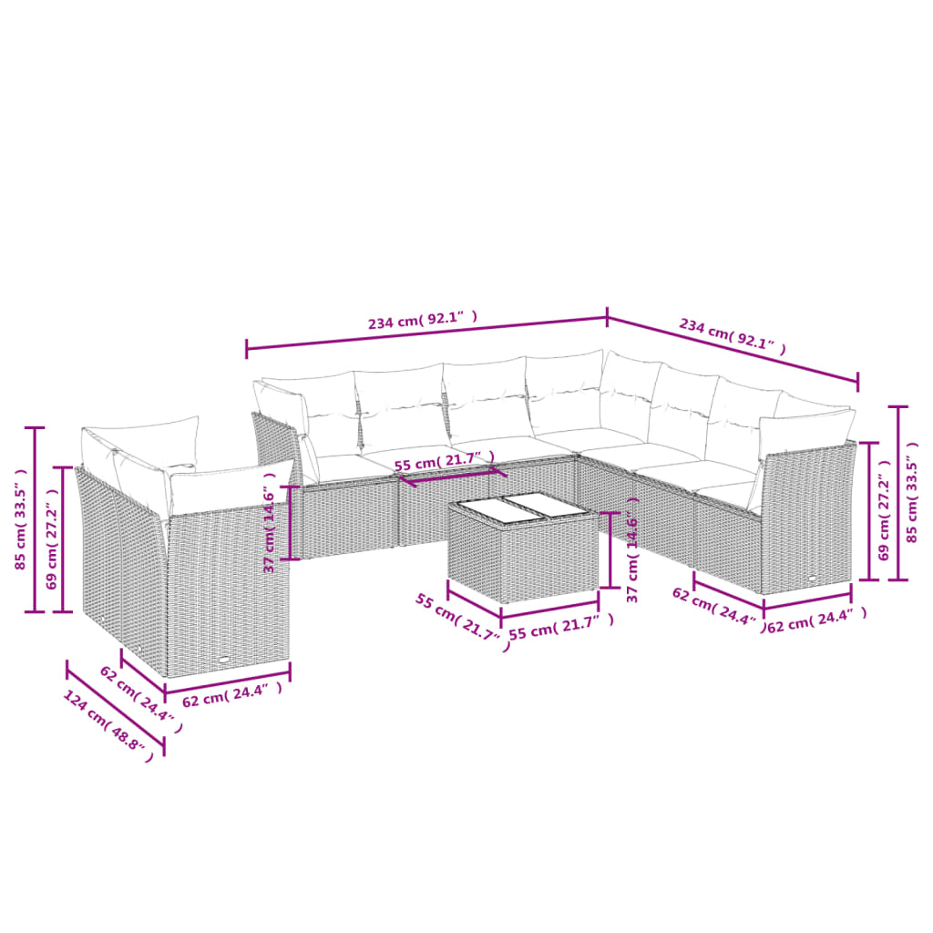 vidaXL 10-delige Loungeset met kussens poly rattan bruin