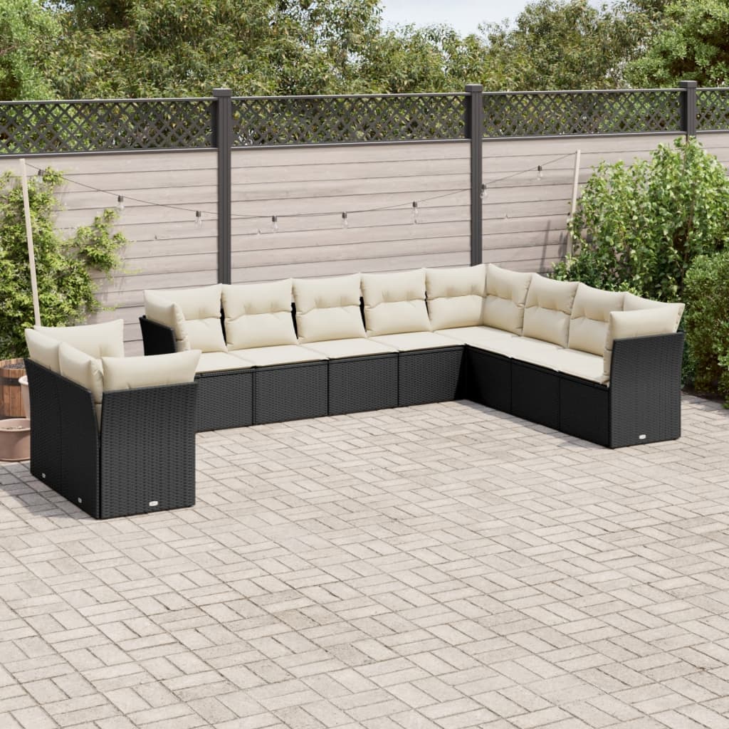 vidaXL 10-tlg. Garten-Sofagarnitur mit Kissen Schwarz Poly Rattan