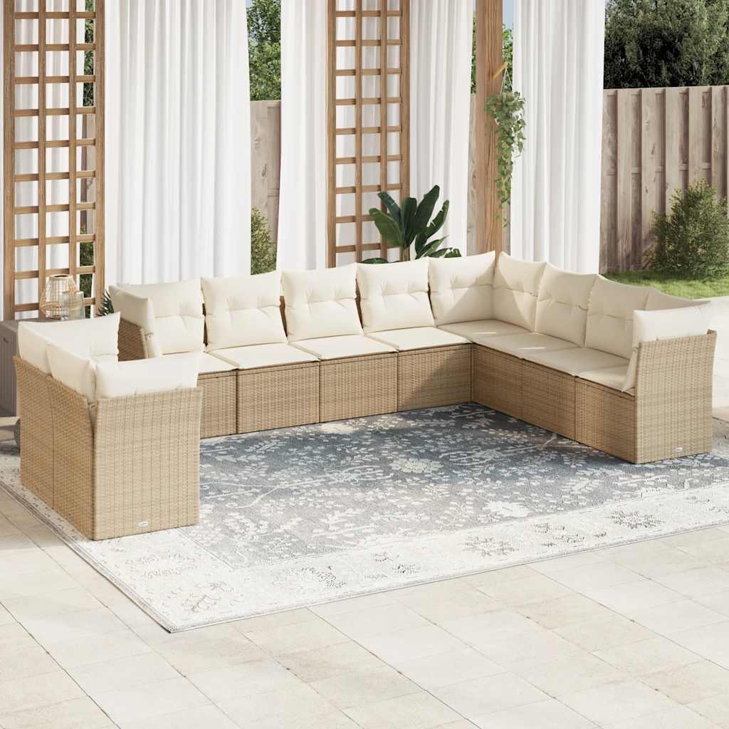 vidaXL 10-tlg. Garten-Sofagarnitur mit Kissen Beige Poly Rattan