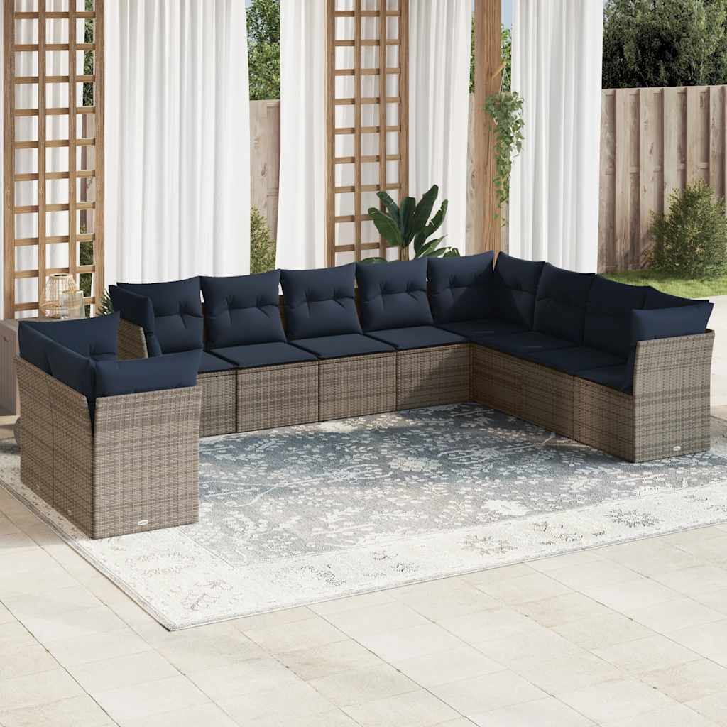 10 pcs conjunto sofás p/ jardim c/ almofadões vime PE cinzento