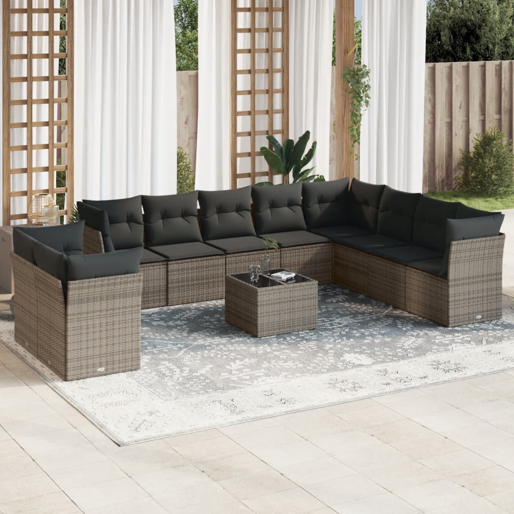 vidaXL 11-tlg. Garten-Sofagarnitur mit Kissen Grau Poly Rattan